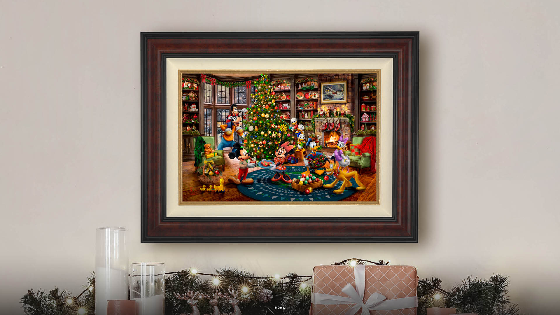 A painting has been placed in a wooden frame atop a hutch with assorted Christmas décor (gifts, candles, lights, plants, and more). The painting showcases Disney characters all helping to get ready for Christmas. Goofy, Max, Donald Duck, Daisy, Pluto, and Huey, Dewey, and Louie all decorate the tree, while Minnie Mouse presents Mickey Mouse with some Christmas sugar cookies.