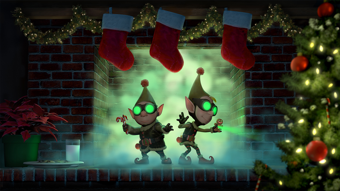 Wayne (voiced by Dave Foley) and Lanny (voiced by Derek Richardson) from Prep & Landing inside of a chimney being prepped for Santa Claus.