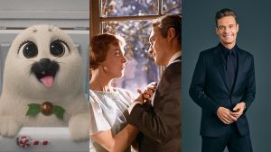 A triptych of images, including a still from Prep & Landing: The Snowball Protocol (featuring arctic seal pup Nog); a still from The Wonderful World of Disney: The Sound of Music, featuring Disney Legend Julie Andrews as Maria and Christopher Plummer as Capt. Von Trapp; and a headshot image of Ryan Seacrest, wearing a dark suit.