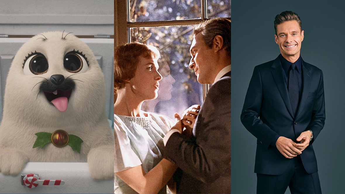 A triptych of images, including a still from Prep & Landing: The Snowball Protocol (featuring arctic seal pup Nog); a still from The Wonderful World of Disney: The Sound of Music, featuring Disney Legend Julie Andrews as Maria and Christopher Plummer as Capt. Von Trapp; and a headshot image of Ryan Seacrest, wearing a dark suit.