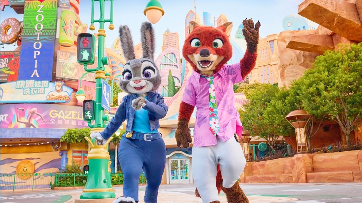 Judy Hopps and Nick Wilde wear new Zootopia 2 costumes at Shanghai Disney Resort.