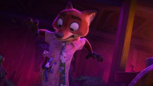 In an image from Walt Disney Animation Studios’ Zootopia 2, Nick Wilde (voiced by Jason Bateman) is looking worriedly down at some small reptiles who are crawling up his shirt.