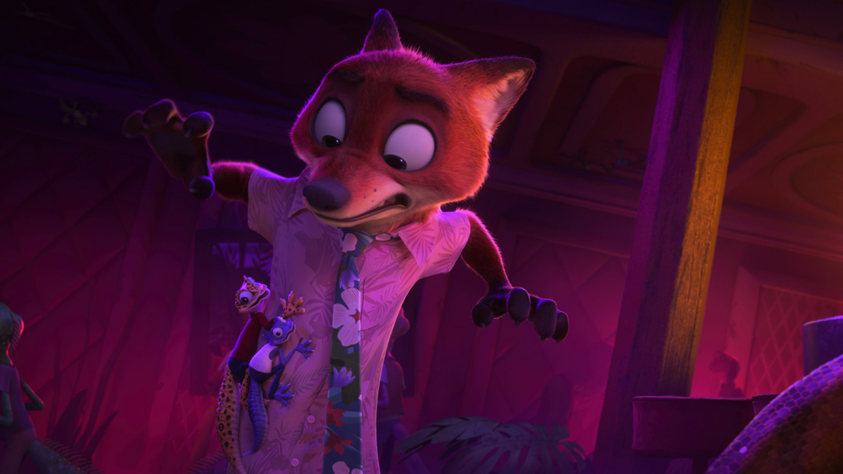 In an image from Walt Disney Animation Studios’ Zootopia 2, Nick Wilde (voiced by Jason Bateman) is looking worriedly down at some small reptiles who are crawling up his shirt.