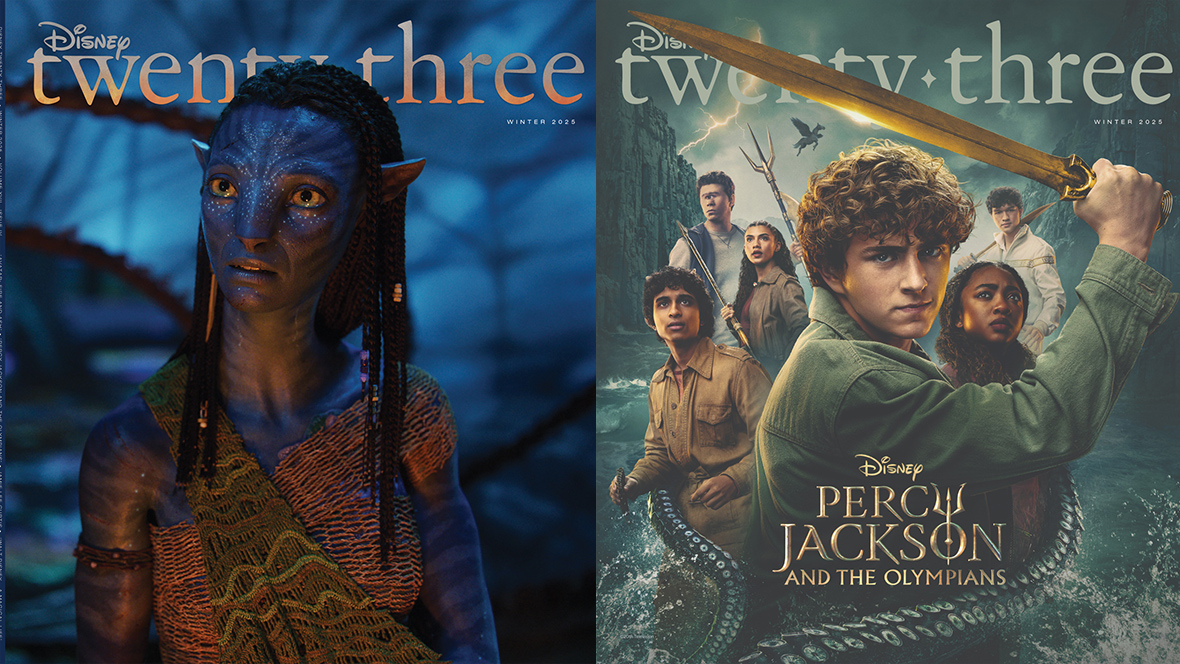 Side-by-side images of the front (left) and back (right) covers of the Winter ’25 issue of Disney twenty-three magazine. On the left is the cover promoting Avatar: Fire and Ash; on the right is the cover promoting season 2 of Disney+’s Percy Jackson and the Olympians.