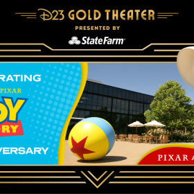 Promotional graphic for D23 Gold Theater presented by State Farm. The left side features a blue panel with text reading “Celebrating Disney Pixar Toy Story 30th Anniversary” in bold colorful letters. The right side shows an outdoor view of Pixar Studios with green trees, patio tables, and two iconic Pixar elements: the large Luxo Jr. lamp and the yellow ball with a blue stripe and red star. A red banner at the bottom right reads “Pixar Archives Tour.”