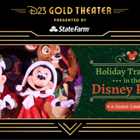A promotional graphic for “D23 Gold Theater presented by State Farm.” The image features Mickey Mouse and Minnie Mouse dressed in festive holiday outfits with red and white Santa-style clothing, standing in front of reindeer characters. On the right side, a green decorative panel reads: “Holiday Traditions in the Disney Parks: A Global Celebration,” with a small red Mickey icon above the text. The design has a black and gold art deco border.
