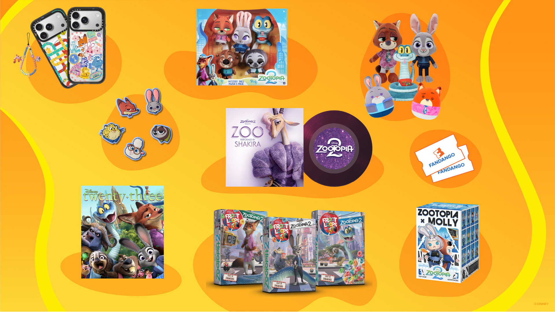 Assorted Zootopia 2–themed merchandise displayed on an orange background, including character phone cases, enamel pins, plush toys, a mystery plush set, vinyl single, copies of Disney twenty-three magazine, Zootopia-branded Froot Loops cereal boxes, a Molly collectible figure set, and Fandango movie ticket vouchers.