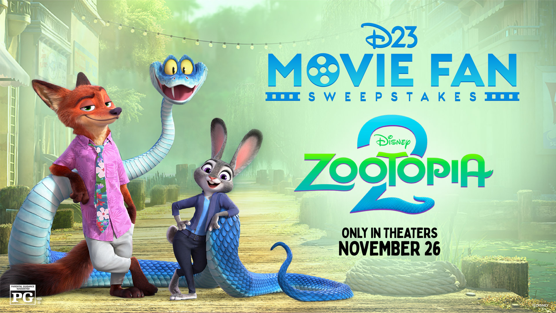 Nick Wilde, Judy Hopps, and a long blue snake character pose together in a sunny boardwalk setting as the “D23 Movie Fan Sweepstakes” and “Disney Zootopia 2” logos appear on the right, promoting the film’s November 26 theatrical release.