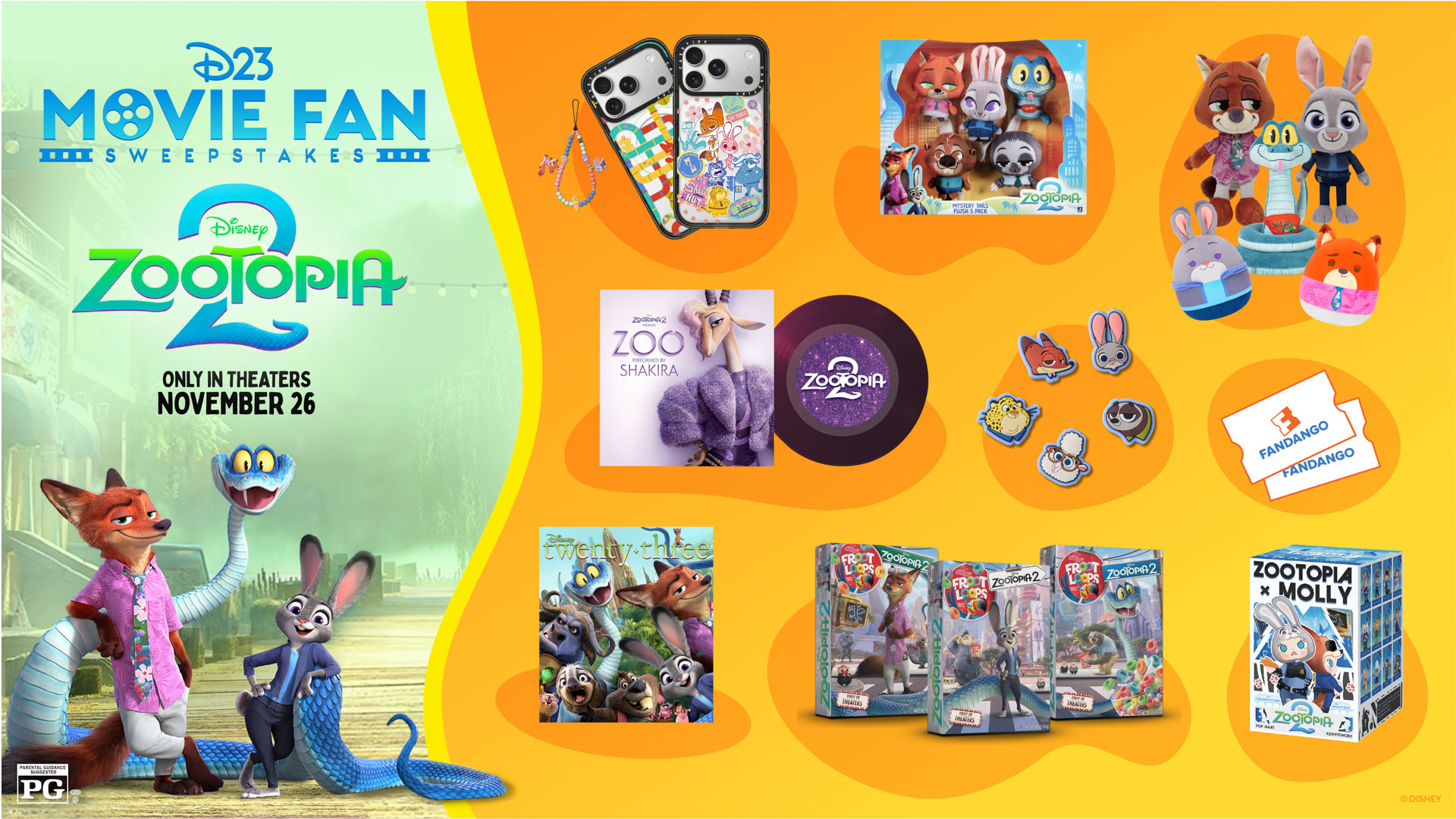 Assorted Zootopia 2–themed merchandise displayed on an orange background, including character phone cases, enamel pins, plush toys, a mystery plush set, vinyl single, copies of Disney twenty-three magazine, Zootopia-branded Froot Loops cereal boxes, a Molly collectible figure set, and Fandango movie ticket vouchers.