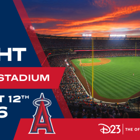 A promotional image of D23 Night at Angel Stadium. On the left is text that says August 12h 2026. On the right is thte image of Angel Stadium at sunset. It says D23 The Official Disney Fan Club in the bottom right of the corner.