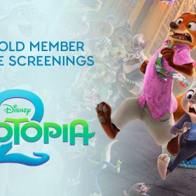 An image of Nick Wilde and Judy Hopps from Zootopia 2 running in front of Gary De’Snake, with other Zootopia characters forming a crowd in the background. On the left side in front of a light blue background reads “D23 Gold Member Advance Screenings Disney’s Zootopia 2.