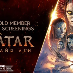 On a black background, red embers are scattered behind the title “D23 Gold Member Advance Screenings” with the Avatar Fire and Ash logo below in a grey text with orange glows around the bottom. To the right are character portraits of the Na’vi characters and a winged beast flying below in front of a sunset backdrop.