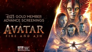 On a black background, red embers are scattered behind the title “D23 Gold Member Advance Screenings” with the Avatar Fire and Ash logo below in a grey text with orange glows around the bottom. To the right are character portraits of the Na’vi characters and a winged beast flying below in front of a sunset backdrop.