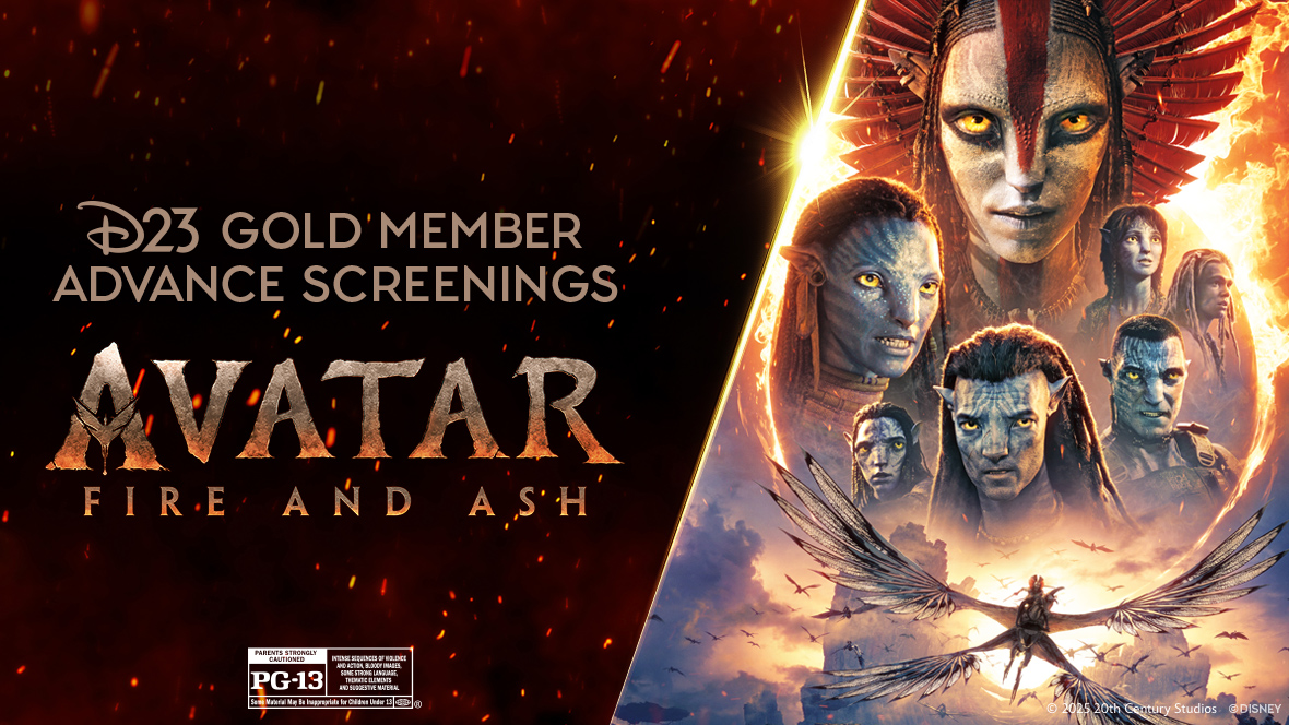 On a black background, red embers are scattered behind the title “D23 Gold Member Advance Screenings” with the Avatar Fire and Ash logo below in a grey text with orange glows around the bottom. To the right are character portraits of the Na’vi characters and a winged beast flying below in front of a sunset backdrop.