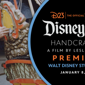 A promotional image for D23’s Disneyland Handcrafted World Premiere event at the Walt Disney Studios Lot on January 20, 2026. The left half of the image features a still from Leslie Iwerks’ upcoming documentary film Disneyland Handcrafted, in which a man in work uniform adds details to an ornate gold, orange, and yellow facade. The rest of the event details are on a black background on the right half of the image.