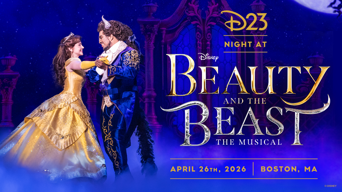 Kyra Belle Johnson and Fergie L. Philippe dressed up as Belle and the Beast from Beauty and the Beast, in the iconic ballroom dance scene. Text on the image reads D23 Night at Disney Beauty adn the Beast the Musical, April 26th, 2026, Boston, MA