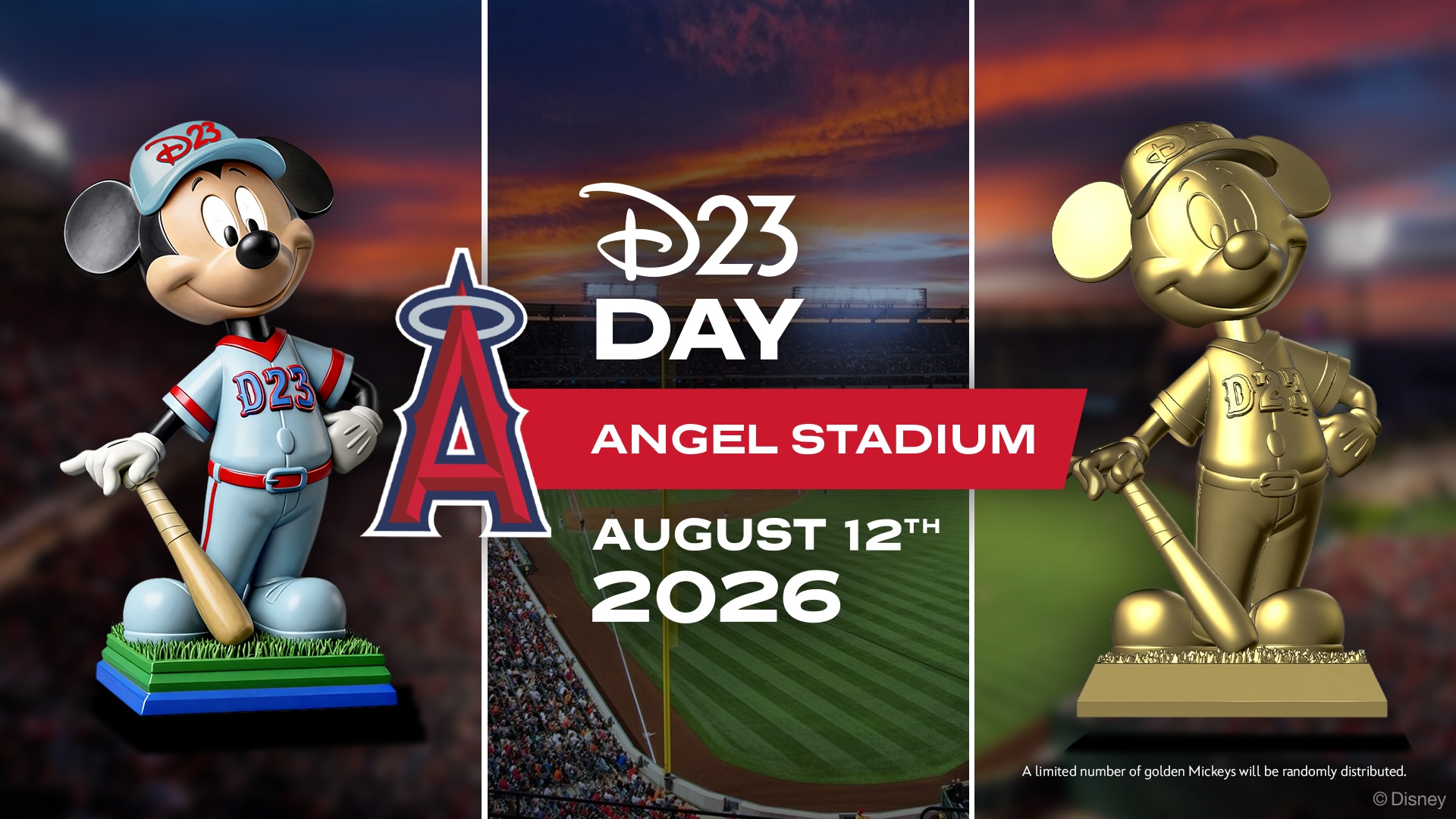 Promotional graphic for D23 Day at Angel Stadium on August 12, 2026, featuring a Mickey Mouse baseball statue in a D23 uniform on the left, a golden variant on the right, and a sunset view of the stadium in the center with event details.