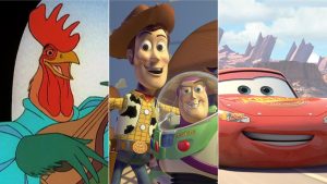 A triptych image of three Disney animated films—on the left, Allan-a-Dale (voiced by Roger Miller), holding a lute, from 1973’s Robin Hood; in the middle, Woody (voiced by Tom Hanks) and Buzz Lightyear (voiced by Disney Legend Tim Allen), from 1995’s Toy Story; on the right, Lightning McQueen (voiced by Owen Wilson) from 2006’s Cars.