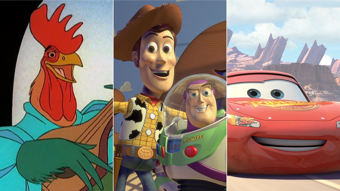 A triptych image of three Disney animated films—on the left, Allan-a-Dale (voiced by Roger Miller), holding a lute, from 1973’s Robin Hood; in the middle, Woody (voiced by Tom Hanks) and Buzz Lightyear (voiced by Disney Legend Tim Allen), from 1995’s Toy Story; on the right, Lightning McQueen (voiced by Owen Wilson) from 2006’s Cars.