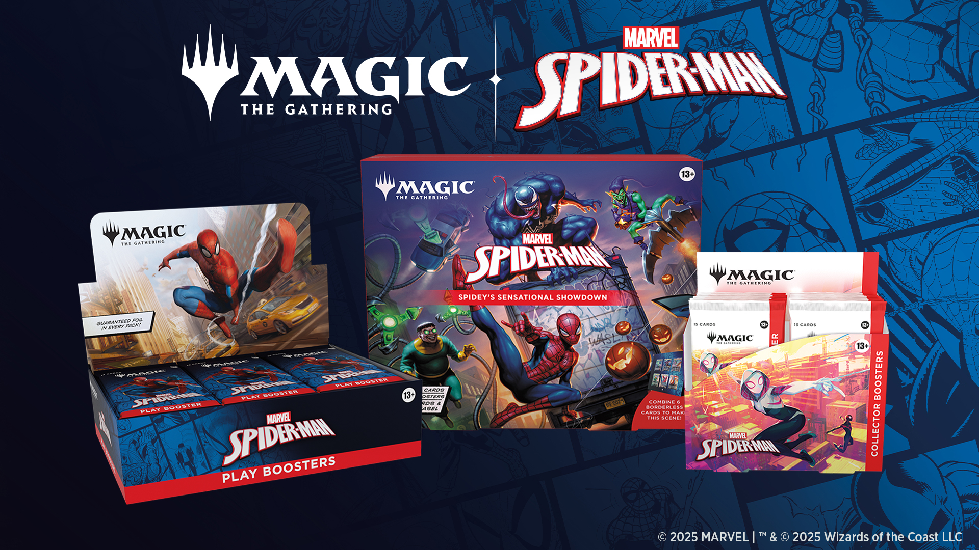 A graphic featuring different Magic: The Gathering packs, all themed to Spider-Man. These include “Play Boosters,” “Collector Boosters,” and the “Spidey’s Sensational Showdown” box set. Atop the graphic is the Magic the Gathering logo and the Marvel Spider-Man logo, separated by a white line.