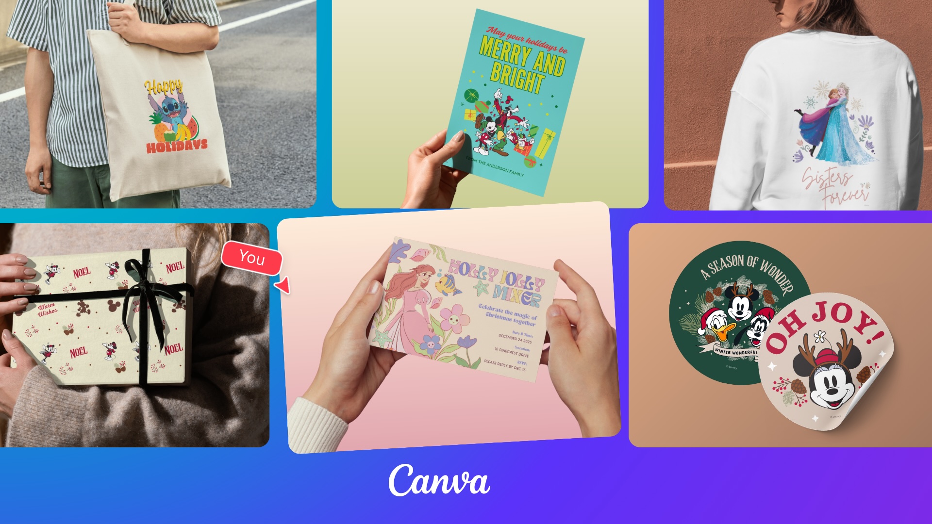 A collage different images from Canva including apparel, cards, stickers, tote bags, and more. The images are all placed against a purple background, with a white Canva logo seen along the bottom.