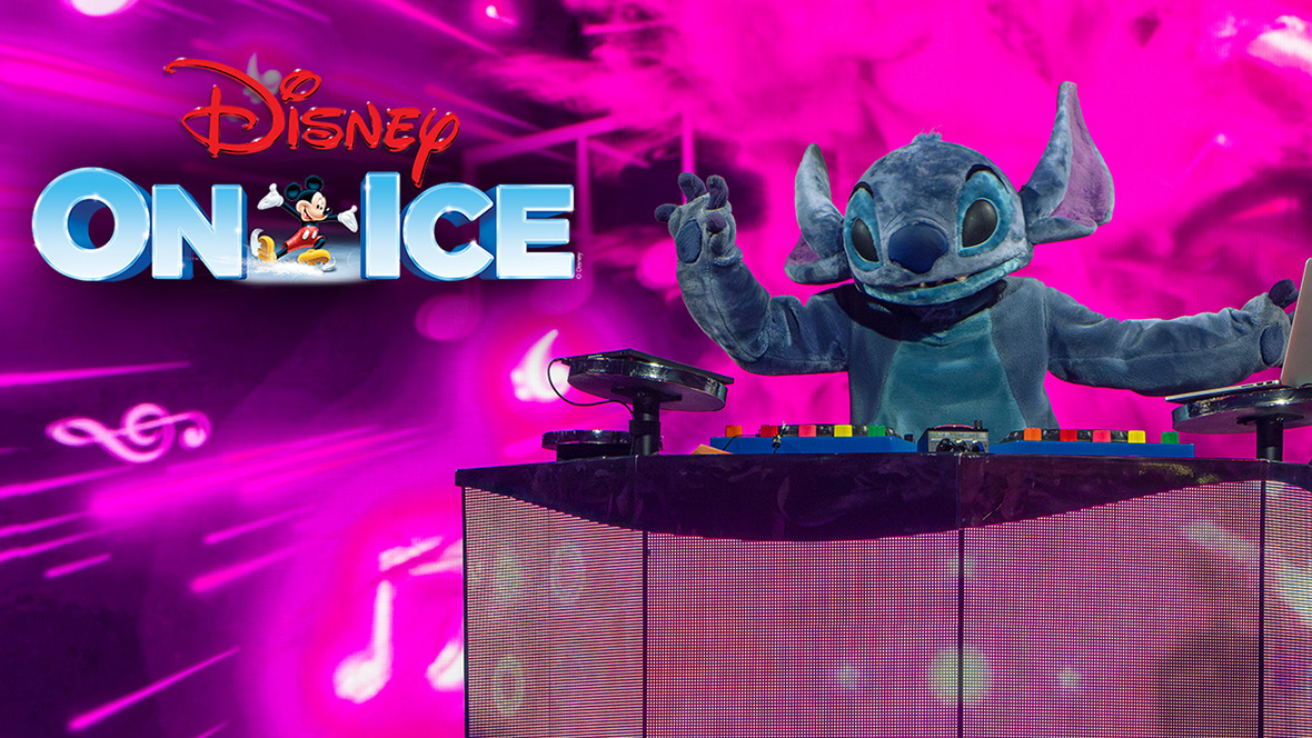 A performer dressed as Stitch is DJ-ing on a podium with one of his hands in the air. The other hand is at a laptop. Behind Stitch is a pink & black LED-style background, complete with flashing pink lights and music notes. At the top left of the graphic rests the Disney On Ice logo.