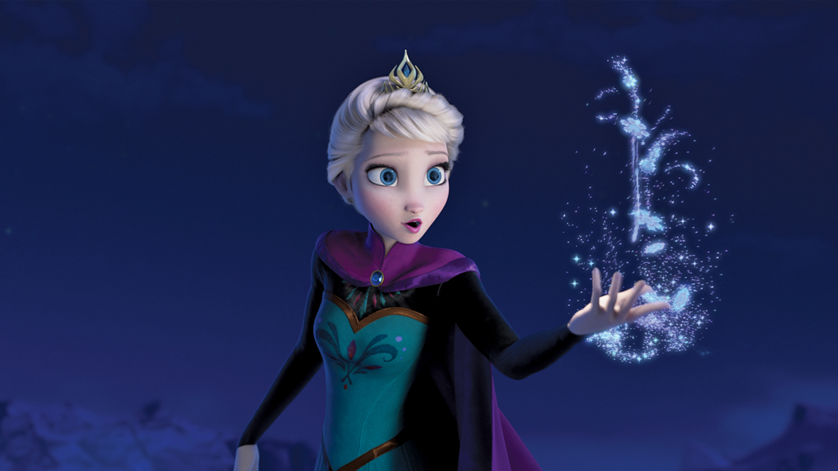Elsa (voiced by Disney Legend Idina Menzel) using her magic in Frozen.