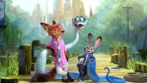 A promotional still from Walt Disney Animation Studios’ Zootopia 2 features (from left to right) Nick Wilde (voiced by Jason Bateman), Gary De’Snake (voiced by Ke Huy Quan), and Judy Hopps (voiced by Ginnifer Goodwin).