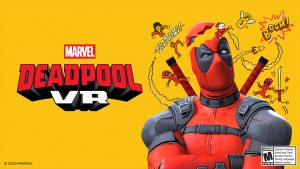 Image shows a key art that reads Marvel Deadpool VR featuring a picture of Deadpool surrounded by doodles on a yellow background.