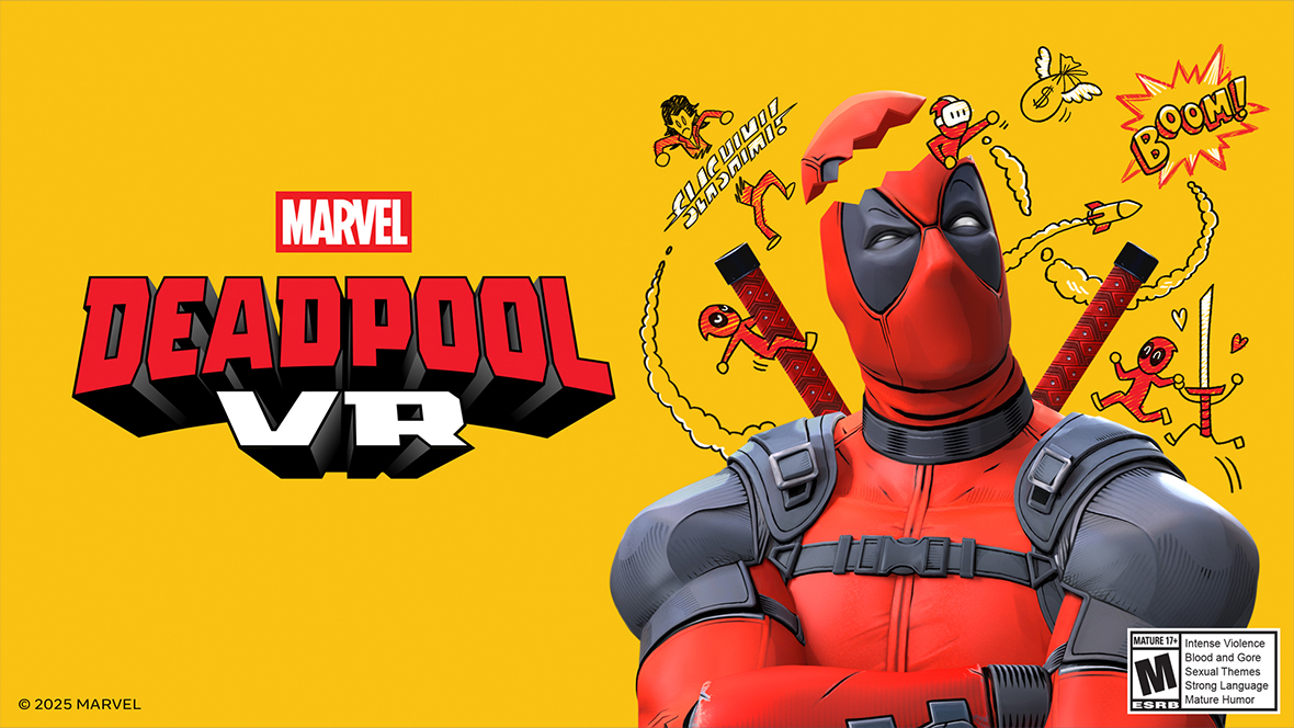 Image shows a key art that reads Marvel Deadpool VR featuring a picture of Deadpool surrounded by doodles on a yellow background.