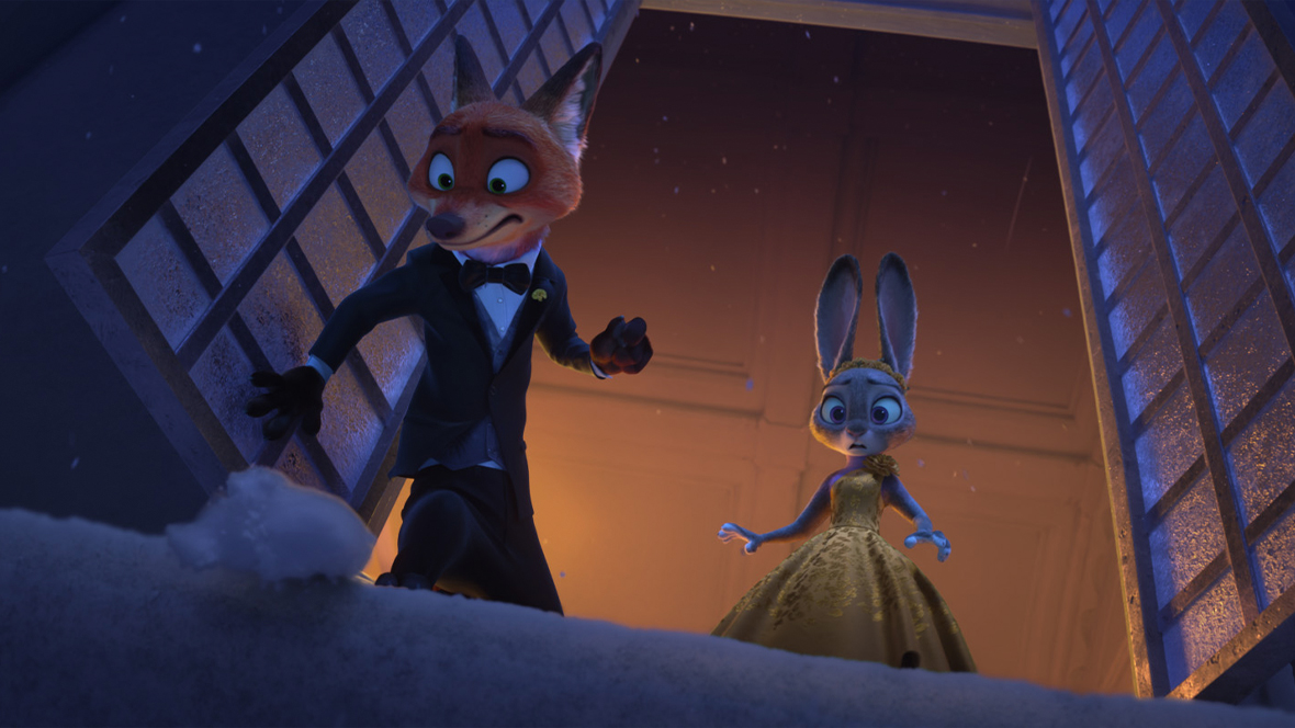 In a still from Walt Disney Animation Studios’ Zootopia 2, Nick Wilde (voiced by Jason Bateman), left, and Judy Hopps (voiced by Ginnifer Goodwin), right, are dressed in formal wear and looking down out of a large window.