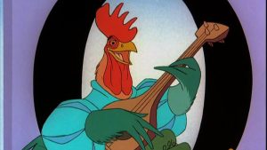 A still from the 1973 Disney animated film Robin Hood, featuring Allan-a-Dale (voiced by Roger Miller), holding a lute.