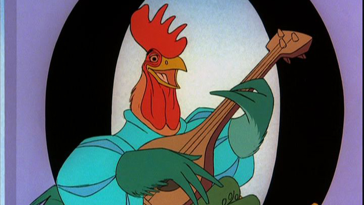 A still from the 1973 Disney animated film Robin Hood, featuring Allan-a-Dale (voiced by Roger Miller), holding a lute.