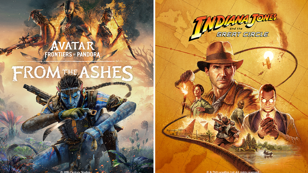Image shows a key art that reads Avatar Frontiers of Pandora From the Ashes featuring the blue Na'vi named So'lek in the foreground and three menacing grey Na'vi warriors from the Ash Clan and the key art that reads Indiana Jones and the Great Circle featuring Indiana Jones, Gina Lombardi, and Emmerich Voss.
