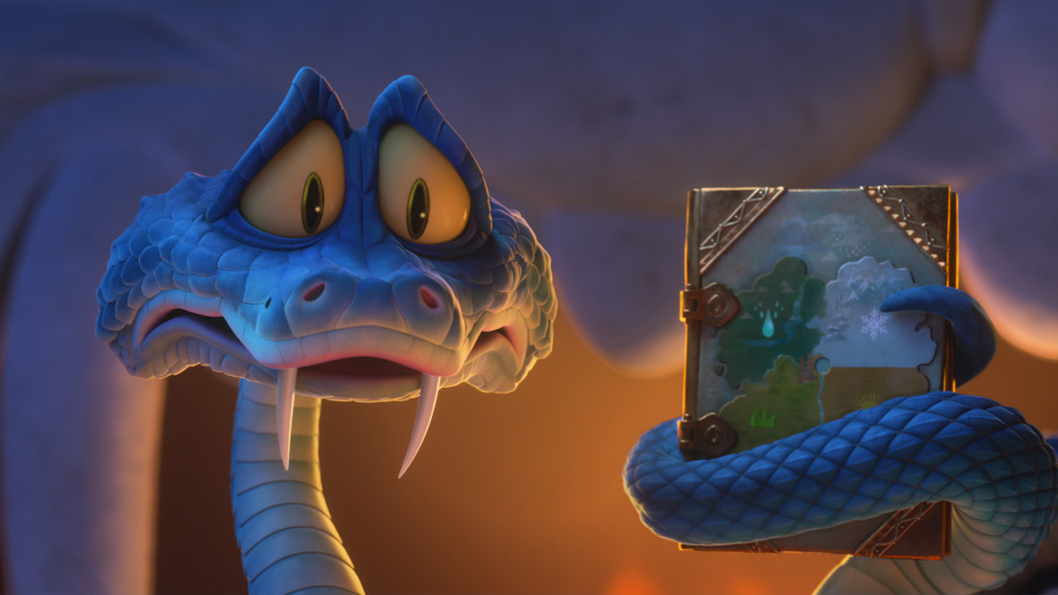 A still from Walt Disney Animation Studios’ Zootopia 2 features Gary De’Snake (voiced by Ke Huy Quan) holding up a book. He has a worried look on his face.