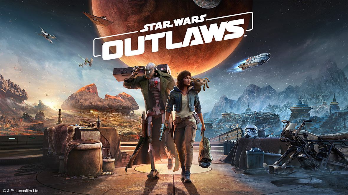 Image shows the key art for Star Wars Outlaws featuring a tall droid named ND-5, a young woman named Kay Vess and her companion Nix on her shoulder with a giant red planet in the background.