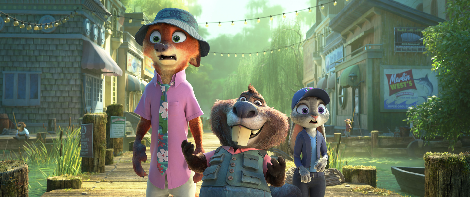 In an image from Walt Disney Animation Studios’ Zootopia 2, Nick Wilde (voiced by Jason Bateman), left, Nibbles Maplestick (voiced by Fortune Feimster), middle, and Judy Hopps (voiced by Ginnifer Goodwin), right, are standing on a dock; Nick and Judy are wearing hats, and Nibbles is wearing a fishing-style vest. Nibbles looks excited while Nick and Judy look worried.