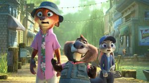 A still from Walt Disney Animation Studios&rsquo; Zootopia 2 features Nick Wilde (voiced by Jason Bateman), left, Nibbles Maplestick (voiced by Fortune Feimster), middle, and Judy Hopps (voiced by Ginnifer Goodwin), right. They are standing on a dock; Nick and Judy are wearing hats, and Nibbles is wearing a fishing-style vest. Nibbles looks excited while Nick and Judy look worried.