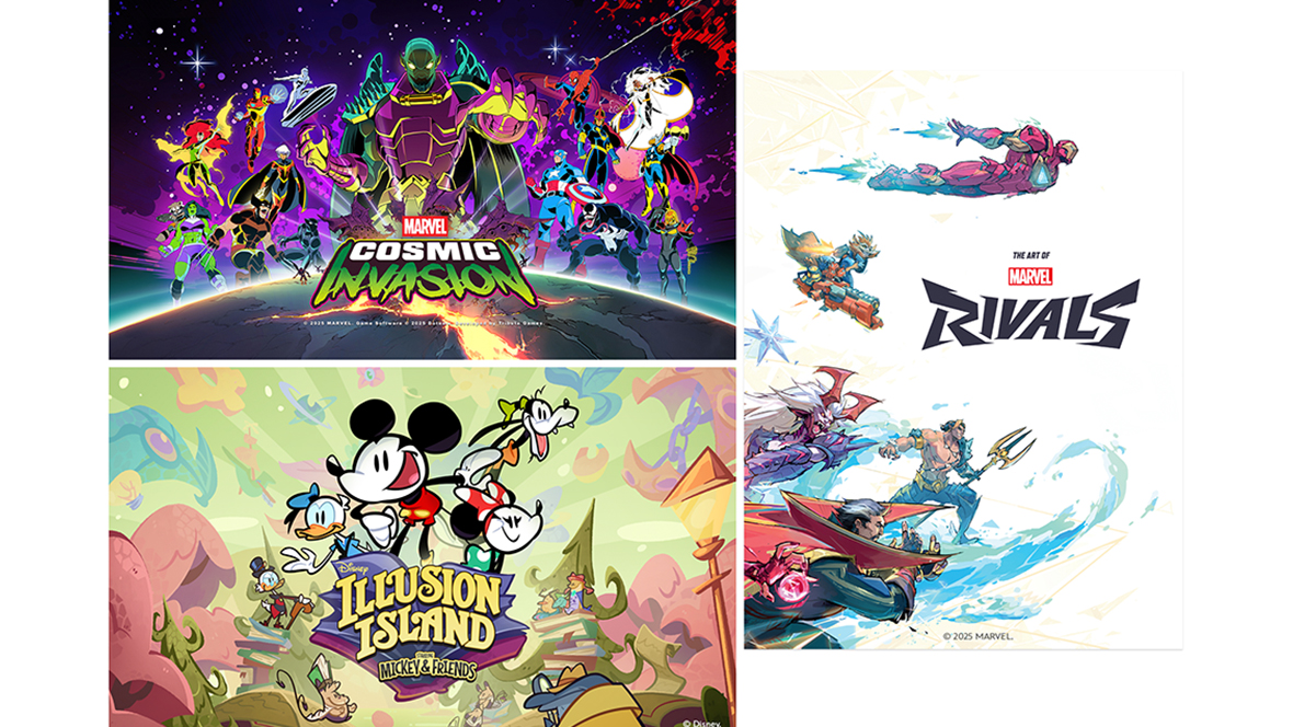 Image shows the key art for Marvel Cosmic Invasion with all 15 playable characters surrounding the villain Annihilus and a key art for Disney Illusion Island Starring Mickey and Friends with Donald Duck, Mickey Mouse, Goofy, Minnie Mouse in the center, and the cover art for The Art of Marvel Rivals book.