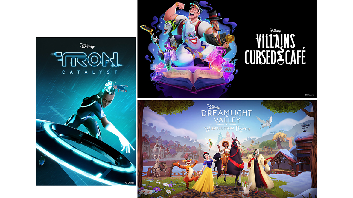 Image shows the key art for Tron Catalyst featuring a young program named Exo throwing an Identity Disc and a key art for Disney Villains Cursed Cafe with Maleficent, Gaston, Ursula, and Jafar surrounded by potions and a book and the key art for Disney Dreamlight Valley Wishblossom Ranch featuring Maximus the horse, Tigger, Snow White, T Khan the horse and Cruella with Tinkerbell and Pegasus flying in the sky.
