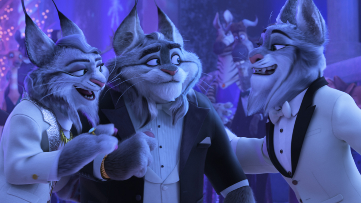 A still from Walt Disney Animation Studios’ Zootopia 2 features members of the powerful Lynxley family, one of Zootopia’s oldest and most prestigious families. They are dressed fancy and standing in a ballroom of sorts, during what looks to be a party.