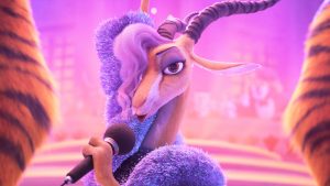 A still from Walt Disney Animation Studios&rsquo; Zootopia 2 features Gazelle (voiced by Shakira); she is holding a microphone and appears to be in the middle of a performance.