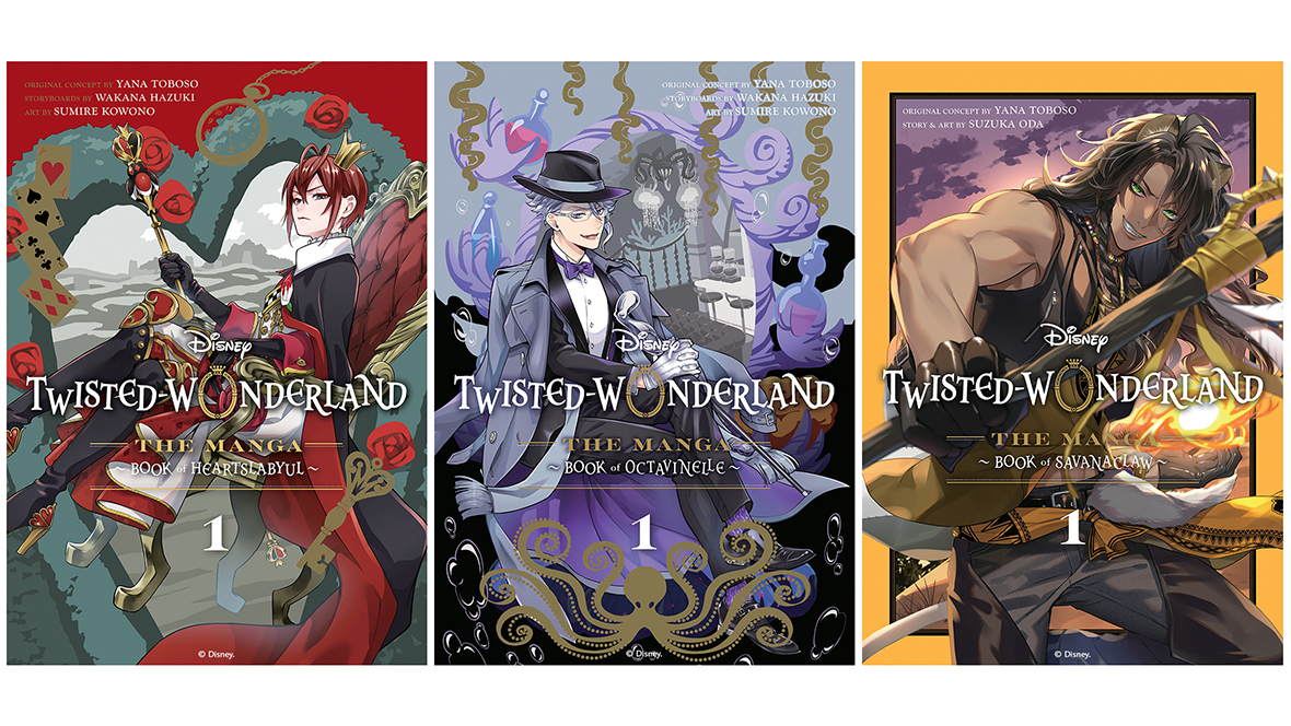 Image shows three covers for Disney Twisted Wonderland the Mange Book of Heartslabyul with Riddle Rosehearts, Disney Twisted Wonderland the Mange Book of Octavinell with Azul Ashengrotto and Disney Twisted Wonderland the Mange Book of Savanaclaw with Leona Kingscholar.
