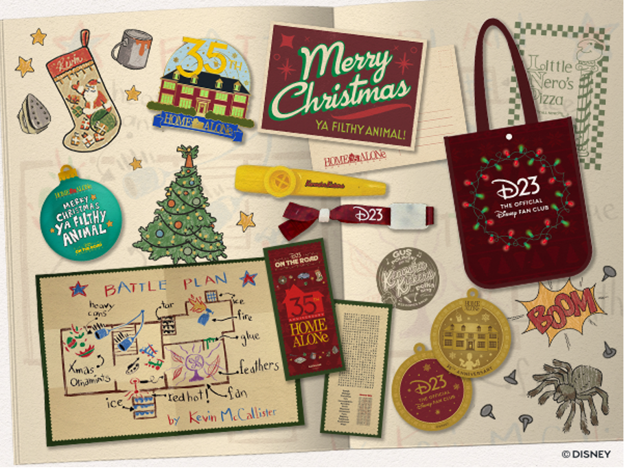 A collage of Home Alone-themed items for D23 On the Road, including a D23 tote bag decorated with Christmas lights; Kevin’s battle plan; an ornament-shaped “Merry Christmas ya filthy animal” credential and a postcard with the quote; a Home Alone 35th anniversary ornament and glow-in-the-dark pin; a Kenosha Kickers kazoo; and D23 holiday print light-up wristband.