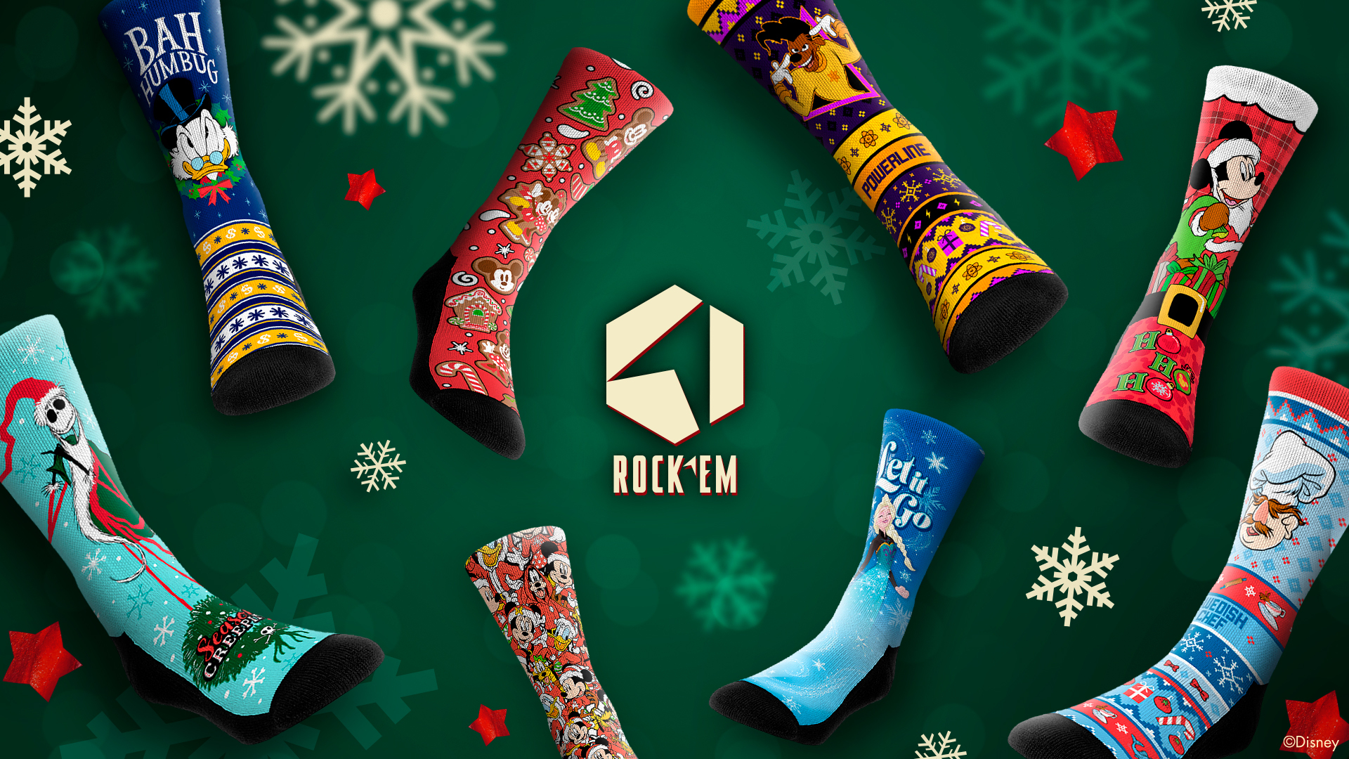 Assorted Disney-themed socks all sit in front of a green background with snowflake outlines. Some socks have Elsa from Frozen with the text “Let it Go,” while others have Mickey Mouse dressed as Santa. In the center of the graphic is the Rock ‘Em logo.