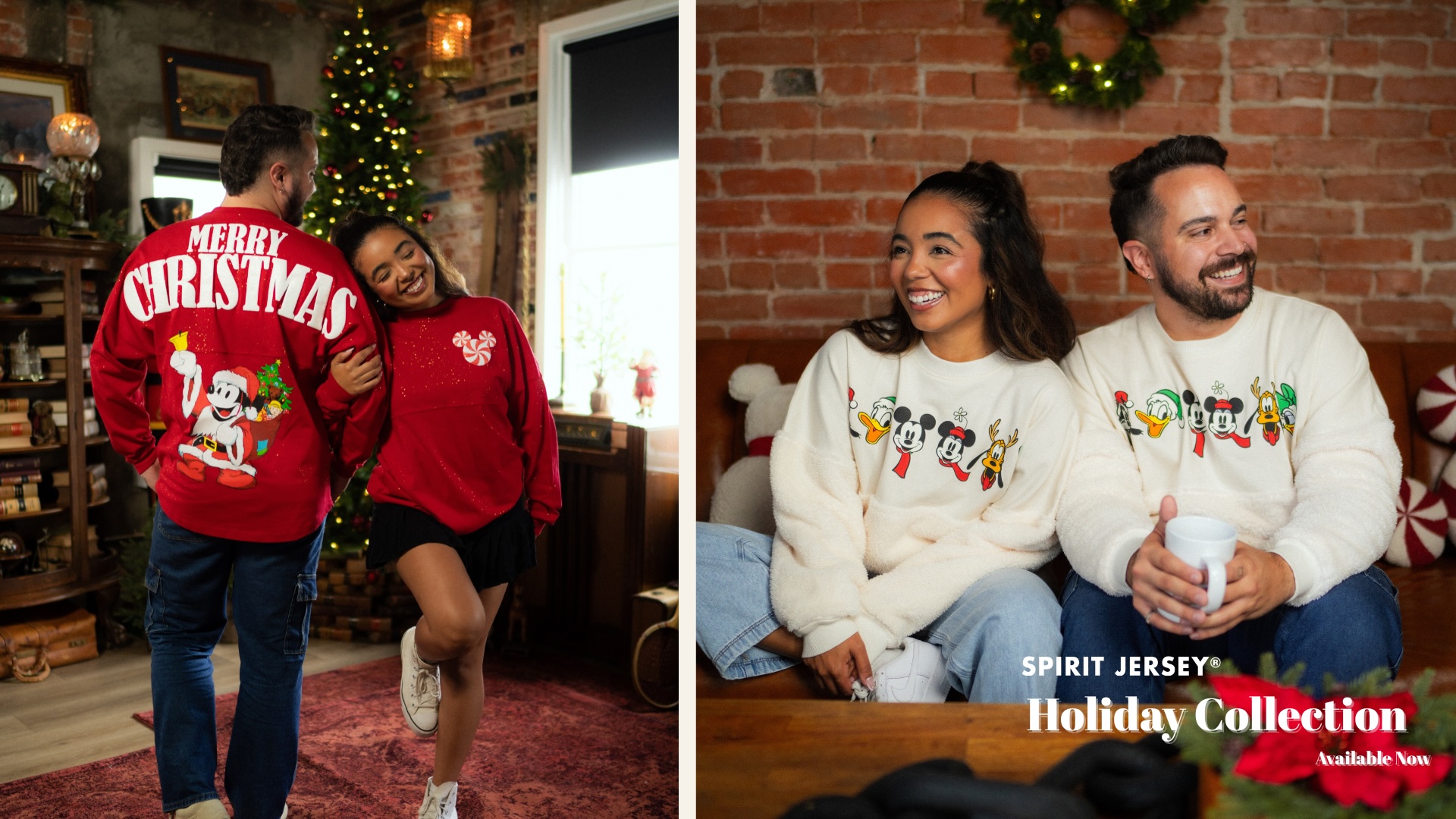 A side-by-side image; on the left, a couple wearing matching red Spirit Jerseys stand in an apartment decorated for Christmas. The Spirit Jerseys are red and read “Merry Christmas” alongside Mickey Mouse dressed as Santa. On the right, a couple sit on a couch wearing matching cream-colored Spirit Jerseys with the Disney characters, all sporting Christmas attire.
