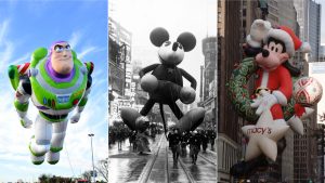 A triptych of Disney-related Macy’s Thanksgiving Day Parade balloons—on the left, the new (2025) Buzz Lightyear balloon; in the middle, the original 1934 Mickey Mouse balloon (the first one to ever appear in the parade) making its way down the route; and on the right, an image of the 1992 Santa Goofy balloon.