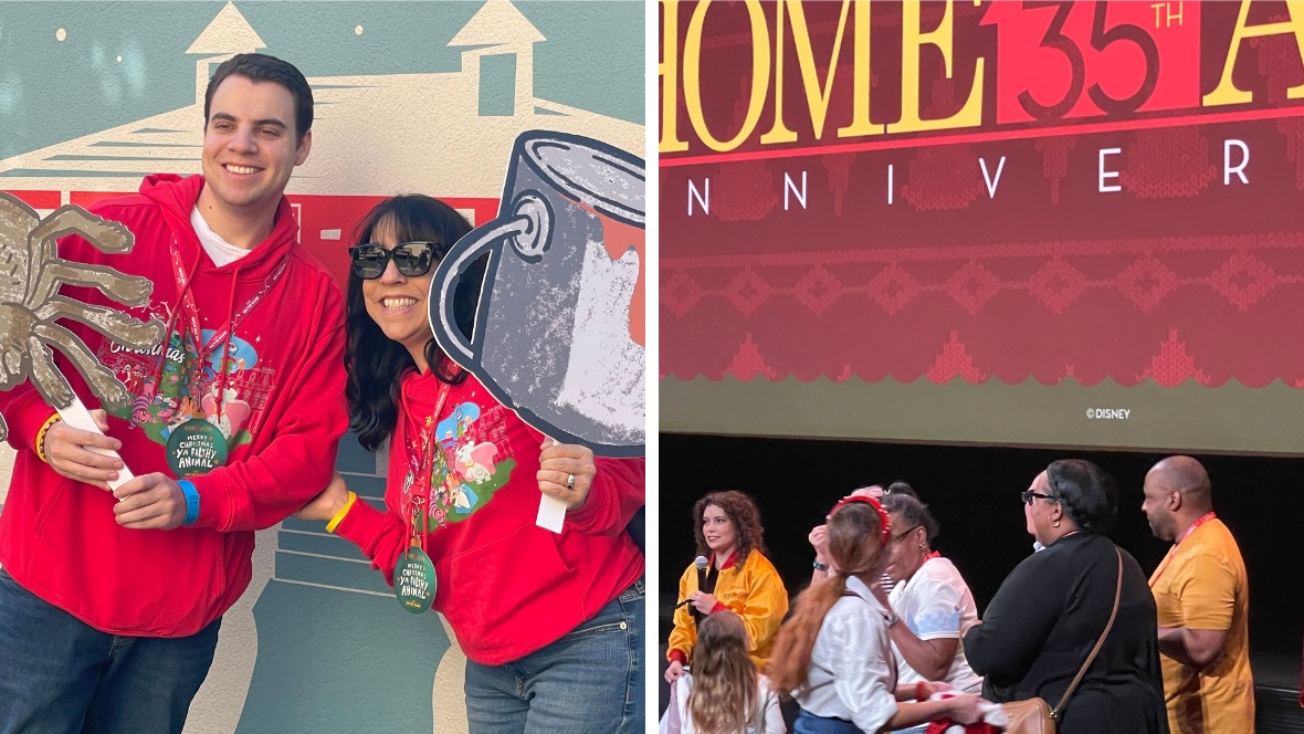 (Left): Two fans pose at a Home Alone-themed photo ops with props. They wear matching red hoodies with a festive graphic, and hold large spider and paint can hand props. The photo backdrop features a stylized version of the McCallister house, with blues, reds, and whites. ALT TEXT (Right): Fans join host Amber Lawson after an interactive game during D23 On the Road: Home Alone at the Walt Disney Studio Lot. Dominating the image is a large projected image of the event title card, which mentions the film’s 35th anniversary milestone.