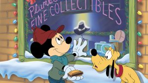 Mickey Mouse and Pluto in front of Plumb&rsquo;s Fine Collectibles in Mickey&rsquo;s Once Upon a Christmas.