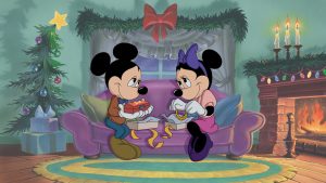 Mickey Mouse and Minnie Mouse exchanging gifts in Mickey’s Once Upon a Christmas.